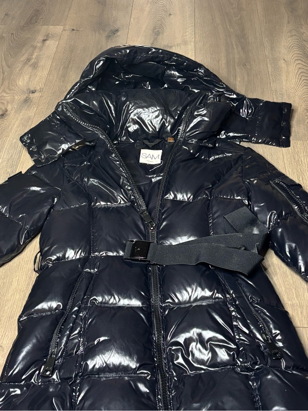 SAM. Girl's Glossy Black Quilted Puffer Coat with Hood